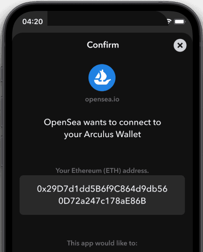 Arculus App connecting to OpenSea via WalletConnect