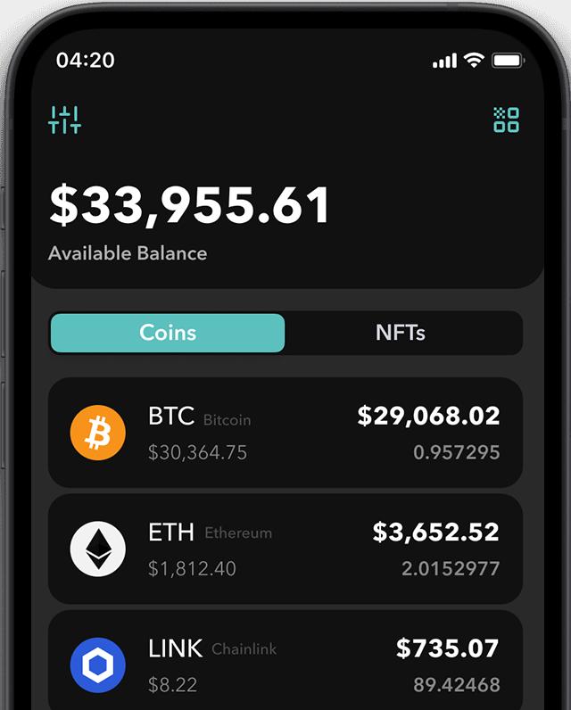 Arculus App showing cryptocurrencies
